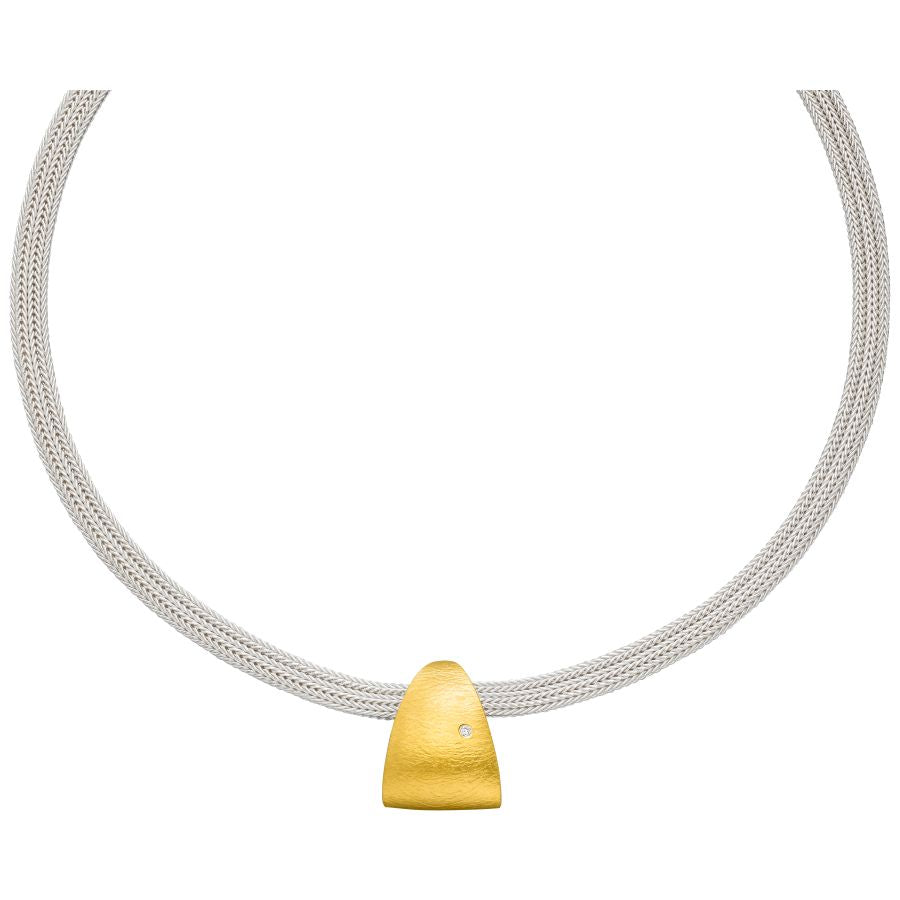 außergewöhnliches handgefertigtes Collier & Anhänger – kratzmatt Silber & Goldkombination & Brillant