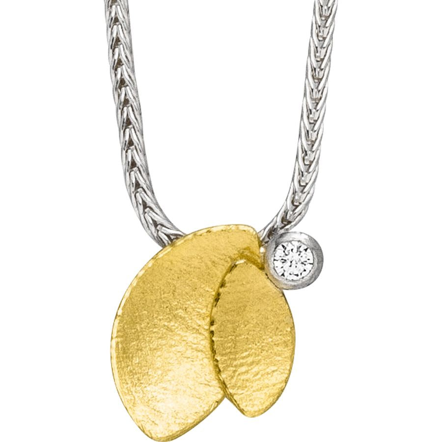 filigranes handgefertigtes Collier & Anhänger – kratzmatt Silber & Goldkombination & Brillant