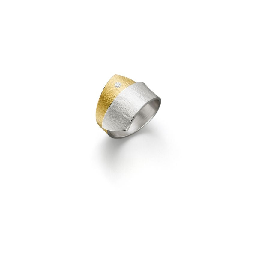 breiter bicolor Ring Silber SI 925 & Gelbgold GG 900 & Brillant